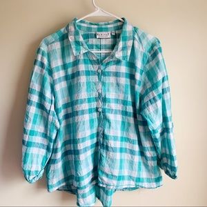 Habitat Blue White Plaid Lagenlook Blouse Button